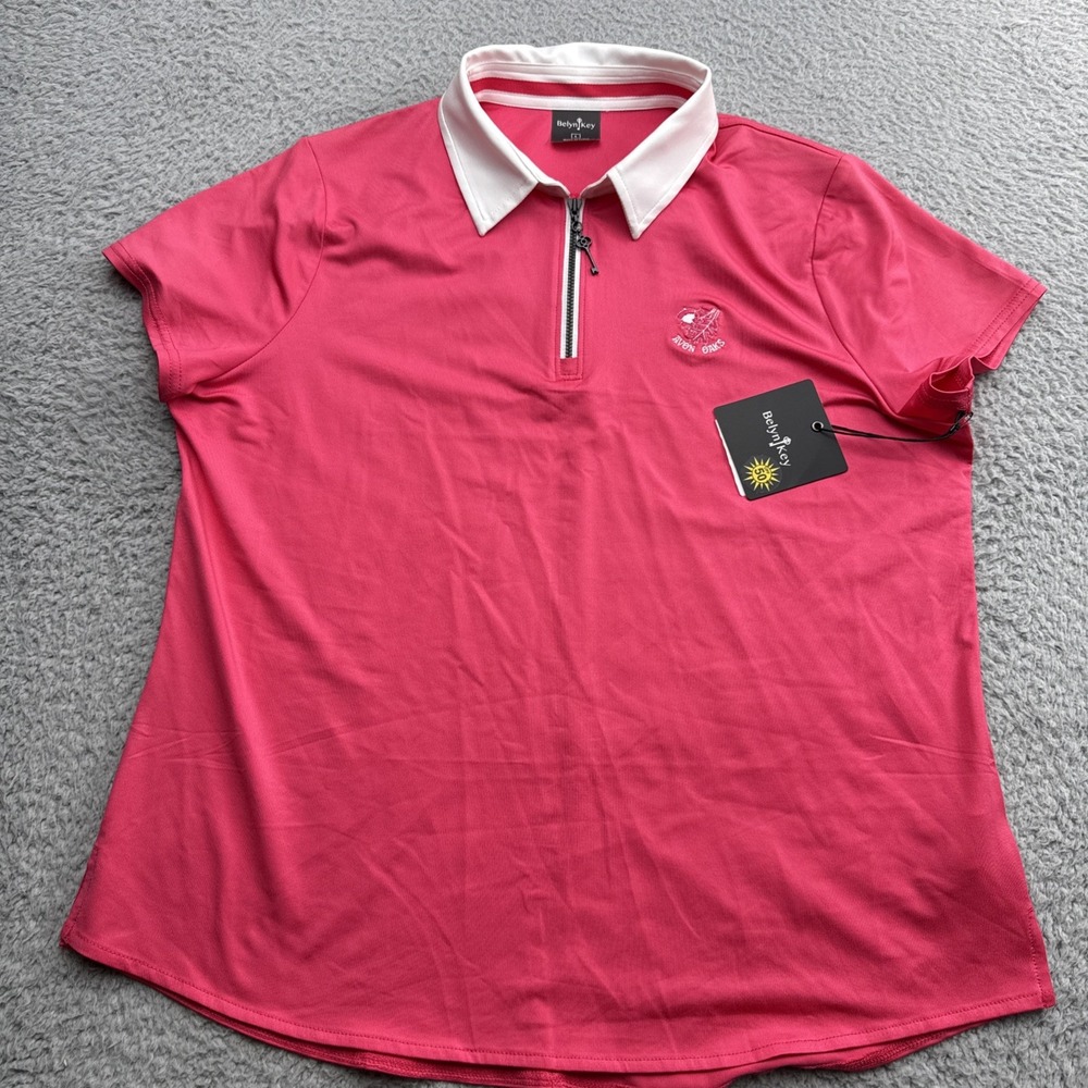 Belyn Key Polo Golf Shirt Womens Large Melon New Birdie Cap Sleeve Zip Active
